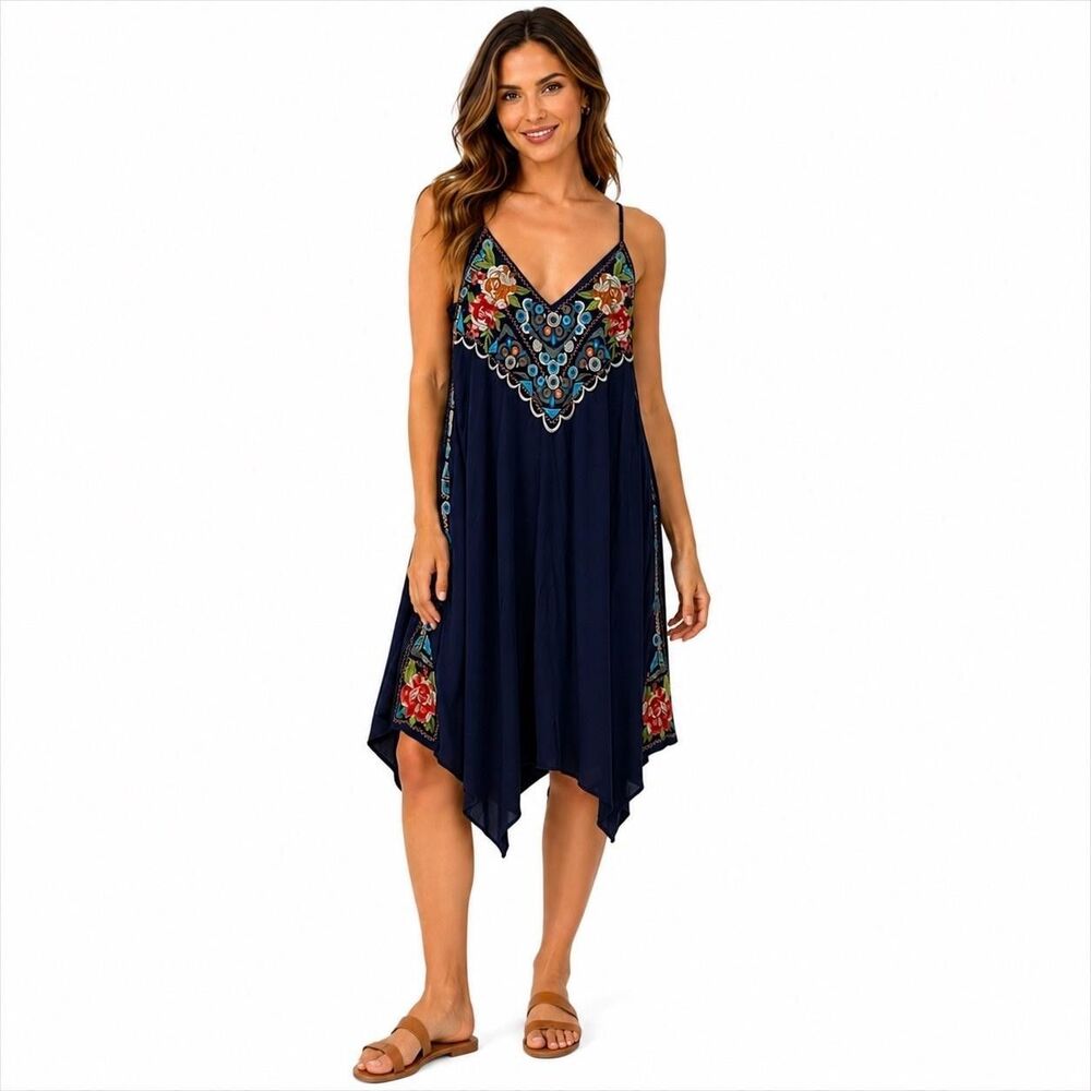 Johnny Was 3J Workshop Dress Womens M Blue Embroidered Trapeze Midi Boho Beach